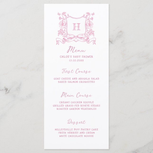 Menu Chinoiserie Russe Bow Floral Crest Baby shower (Devant)
