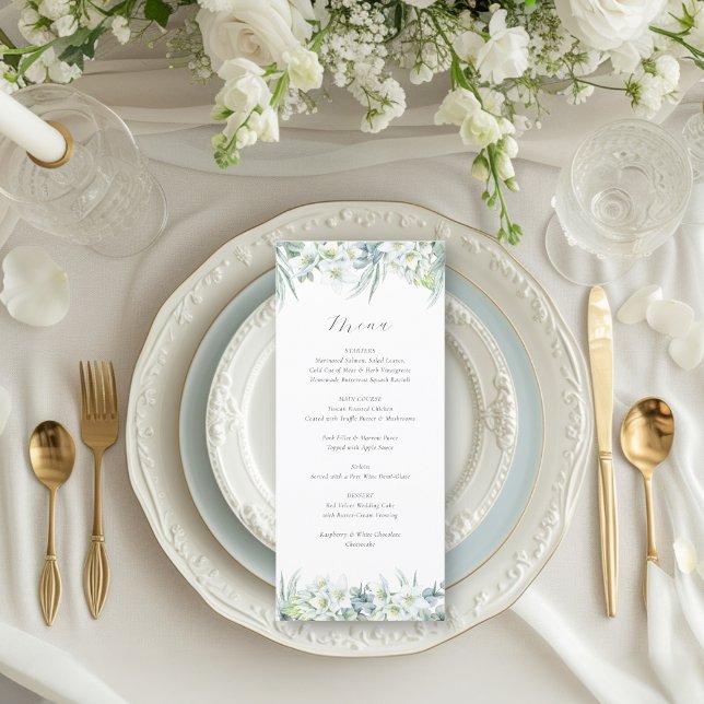 Menu Chloe Simple Elegant Eucalyptus Mariage de verdure (This elegant menu features white flowers and greenery for a luxurious, fine art wedding look)