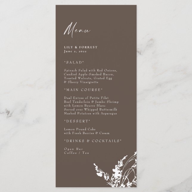 Menu Chocolat Mariage Moderne Blanc Floral (Devant)
