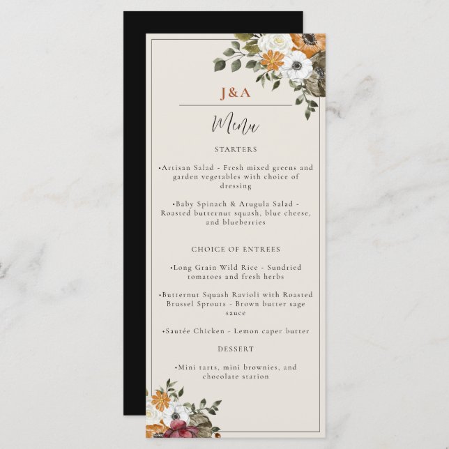 Menu Chute Floral Monogramme Mariage Aquarelle Noire (Devant / Derrière)