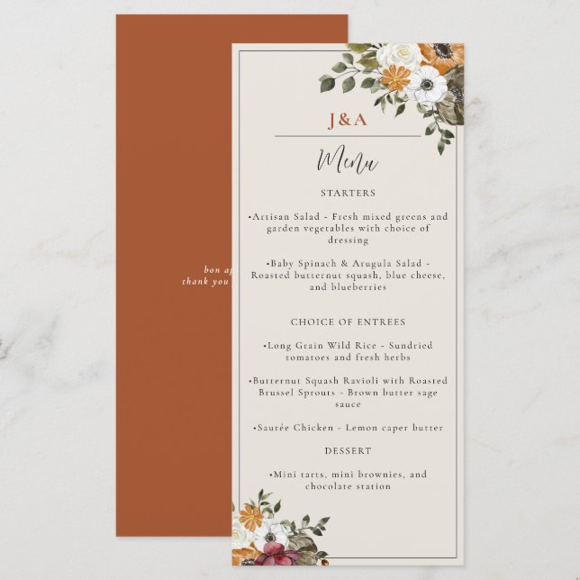 Menu Chute Floral Monogramme Mariage Aquarelle Terracot (Devant / Derrière)