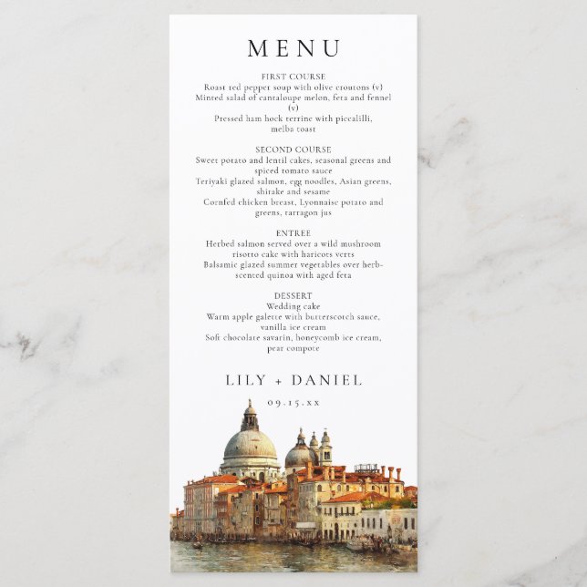 Menu Ciel de Venise Aquarelle Élégant Mariage (Devant)