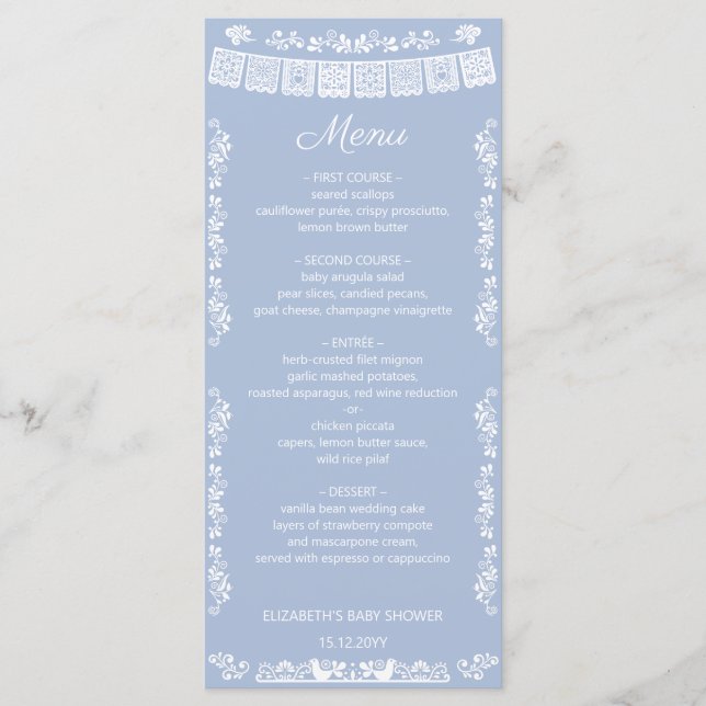 Menu Cielito Lindo Dusty Blue Papel Picado Baby Shower (Devant)