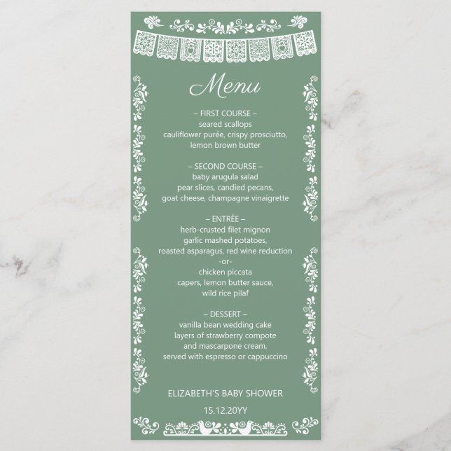 Menu Cielito Lindo Sage Green Papel Picado Baby Shower (Devant)