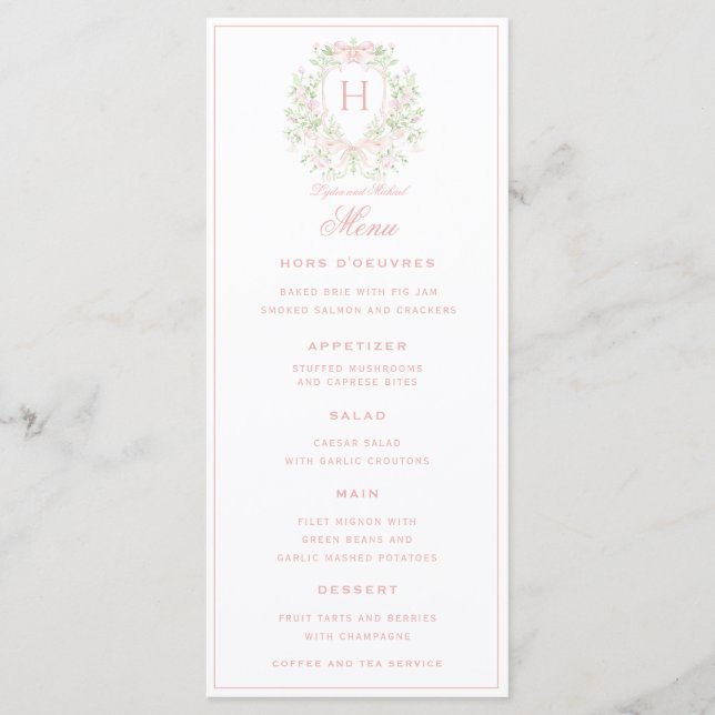 Menu Cimier doux avec vaches roses | Mariage monogramme (Devant)