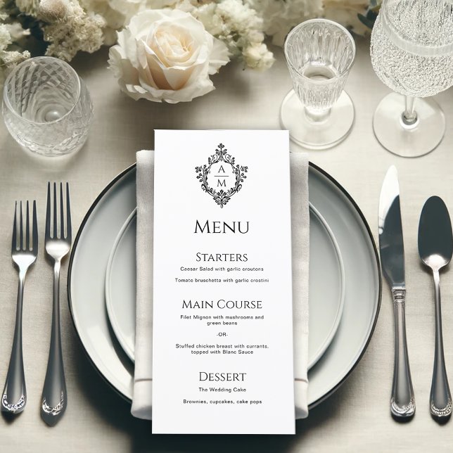 Menu Cimier noir et blanc Mariage Monogramme Vintage (Créateur téléchargé)