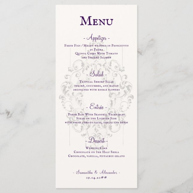 Menu Cimier Rustique Ivory Purple Vieux Mariage gothiqu (Devant)