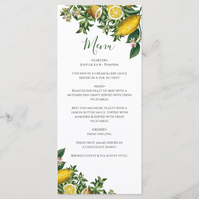 Menu Citron jaune rustique et feuillage Mariage de verd (Devant)