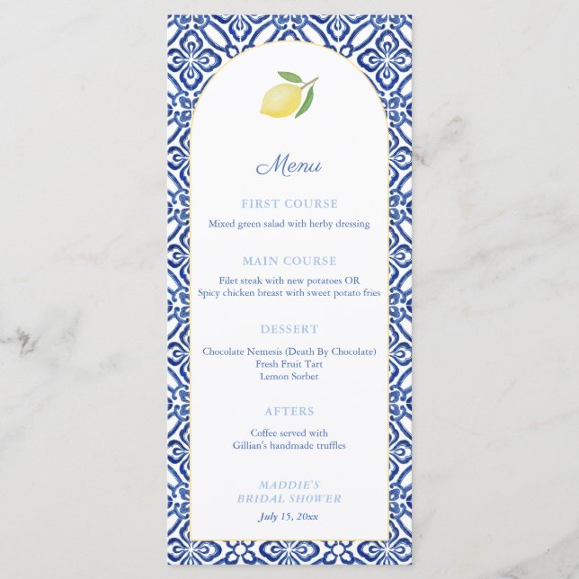 Menu Citrons en forme d'arche Carreaux bleus Fête de ma (Devant)