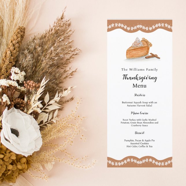 Menu Citrouille aquarelle à tarte érable Feuilles Thank (Harvest Elegance: Savor Autumn's Bounty with Our Watercolor Pumpkin Pie Menu!)