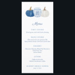 Menu Citrouilles de style chinoiserie bleue et blanche<br><div class="desc">Carte de menu Jarre à gingembre classique avec citrouilles bleues et blanches pour aller avec mes invitations et papeterie de la même gamme. Éléments aquarelle peints à la main par moi avant d'être numérisés. Veuillez noter que vous pouvez changer la couleur de contraste au verso (actuellement un bleu foncé) en...</div>