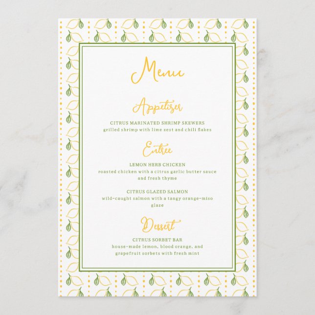 Menu Citrus botanique citron jardin d'été Mariage (Devant)