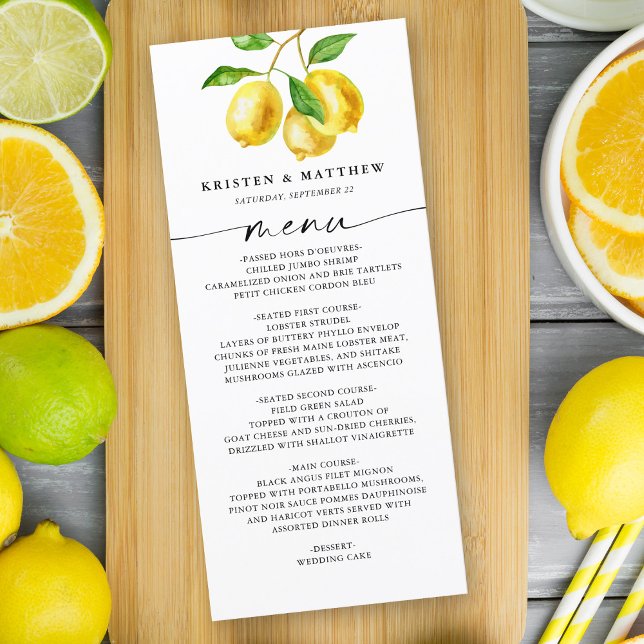 Menu Citrus d'aquarelle citron (Our lemon watercolor menu card is the perfect way to keep your guests informed on the food.)