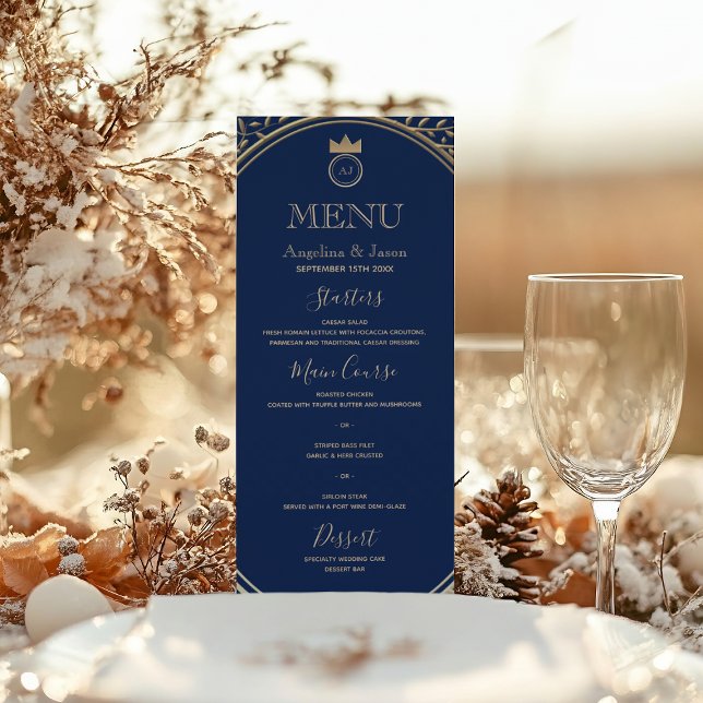 Menu Classé Elegant Royal Blue et Gold Floral Mariage (Créateur téléchargé)