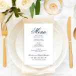 Menu Classic Elegant Mariage bleu marine<br><div class="desc">La carte de menu officielle marine bleue mariage est dotée d'une belle typographie qui combine un script de calligraphie fleuri traditionnel avec du lettrage en bloc classique. Comprend un accent décoratif design de défilement. Le texte personnalisé peut être personnalisé avec un monogramme des noms de mariée et de mariée et...</div>