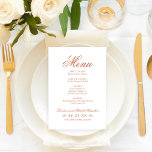 Menu Classic Elegant Terracotta Orange Mariage Monogram<br><div class="desc">La carte de menu mariage en terre cuite orangée offre une belle typographie qui combine un script de calligraphie fleuri traditionnel avec du lettrage en bloc classique. Comprend un accent décoratif design de défilement. Le texte personnalisé peut être personnalisé avec un monogramme des noms de mariée et de mariée et...</div>