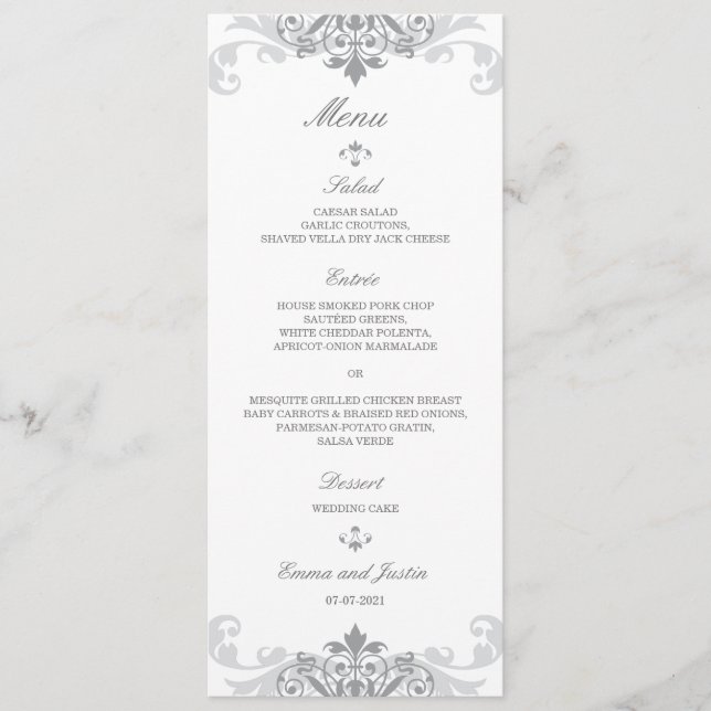 Menu Classic Silver Grey Elegant Mariage Ironworks (Devant)