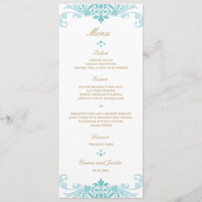 Menu Classic Turquoise & Or Elegant Mariage Ironworks (Devant)
