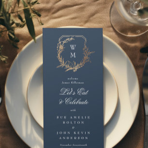 Menu classique or marine motif floral monogramme Mariag