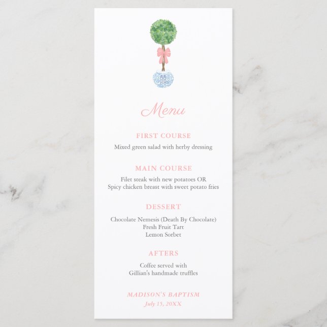 Menu Classique Topiary Pink Bow Baby Girl Baptism Party (Devant)