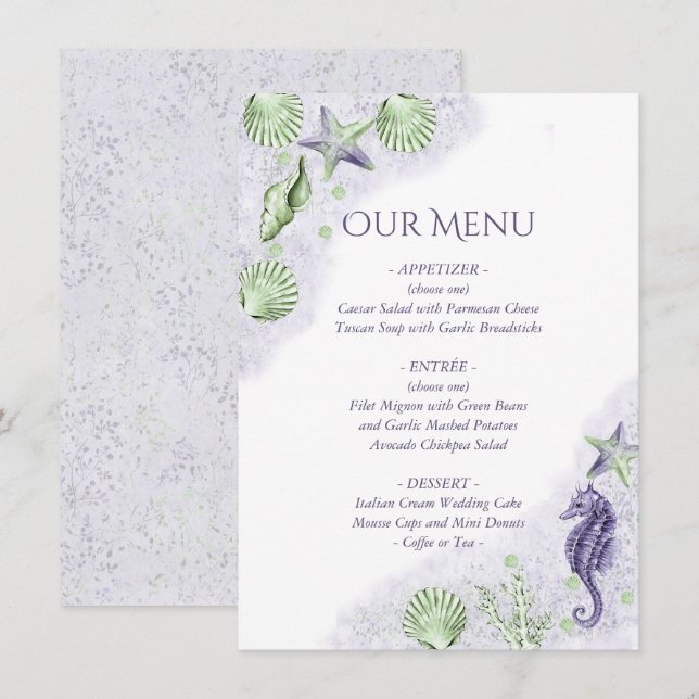Menu Coastal Chic | Mariage nautique pourpre et vert (Devant / Derrière)