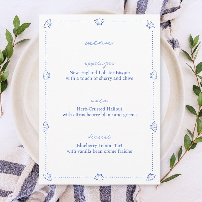 Menu Coastal Chic Shell Bordure Bleu et Blanc Mariage (Créateur téléchargé)