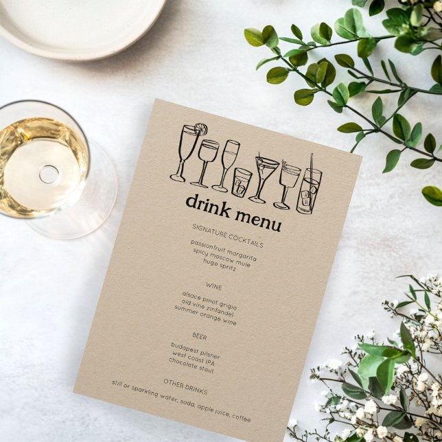 Menu Cocktails Dessin Dessin Moderne Rustique Consommat (Cocktails Doodle Sketch Modern Rustic Engagement Wedding Party CUSTOM Drink Menu
)
