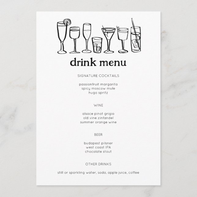 Menu Cocktails Doodle Sketch Modern CUSTOM Boire (Devant)