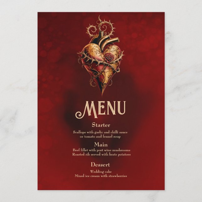 Menu Coeur de passion romance et amour. (Devant)