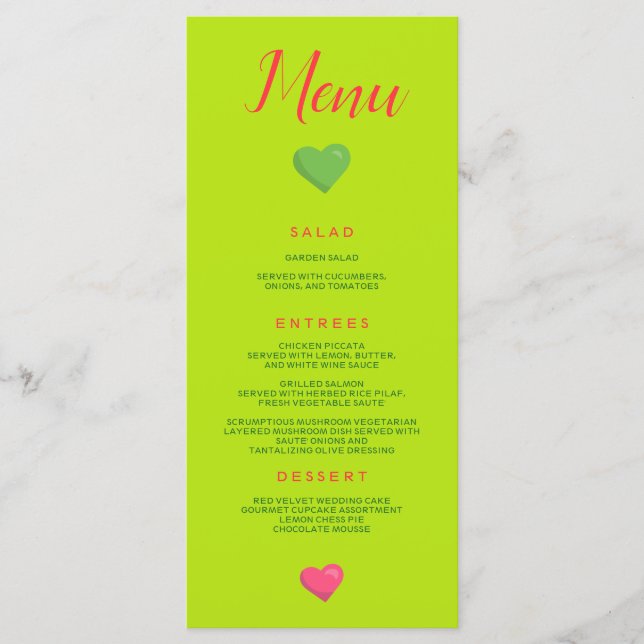 Menu Coeur Mariage Vert (Devant)
