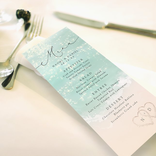 Menu Coeurs De Script Moderne Dans Le Mariage De La Pla (Modern Script Hearts In The Sand Beach Wedding Menu)