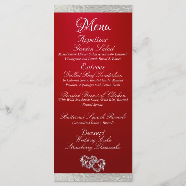 Menu Coeurs et monogramme - Mariage Crimson/Argent (Devant)