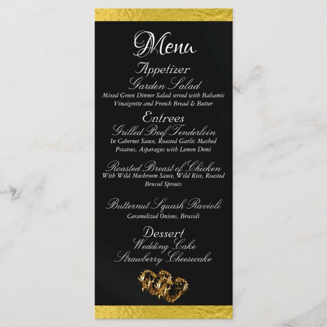 Menu Coeurs et monogramme - Mariage noir/or (Devant)