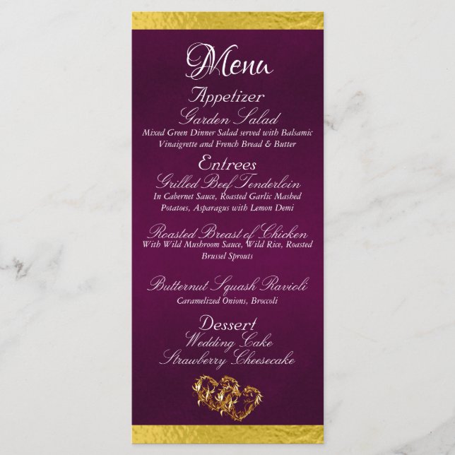 Menu Coeurs et monogramme - Mariage violet/or (Devant)