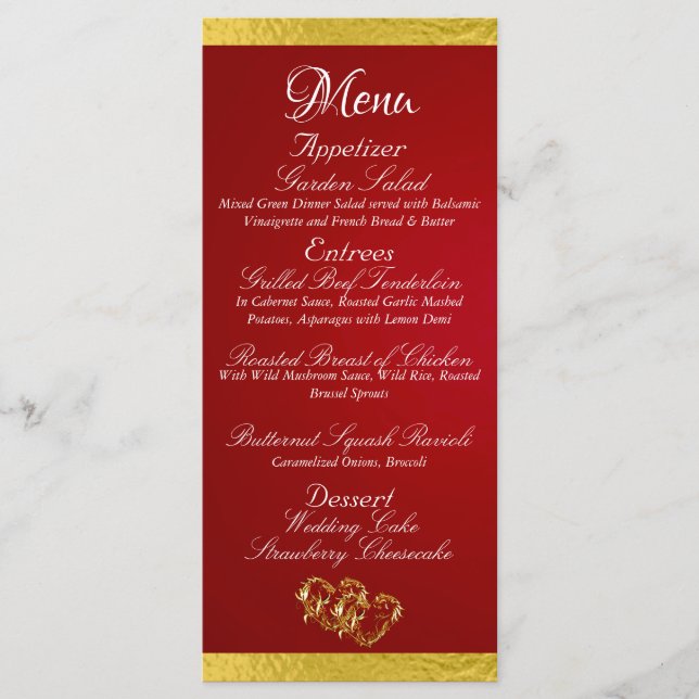 Menu Coeurs et monogrammes - Mariage rouge Crimson/or (Devant)
