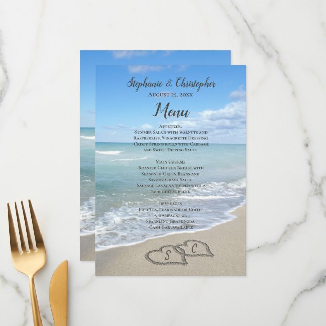 Menu Coeurs pittoresques dans le Sand Beach Wedding Men (Devant/Arrière en situation)