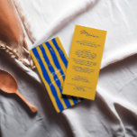 Menu Colorful Main écrit italien Pinstripes Mariage<br><div class="desc">Un menu coloré rétro moderne et funky bleu et jaune. Et des rayures jaunes et bleues dessinées à la main sur le dos. Parfait et assorti à l'ensemble de la suite. Menu dîner mariage. Ce qui présente un design modèle chic de boho vintage jaune arrière - plan et de la...</div>