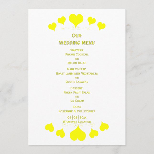 Menu Conception de mariage Cœurs Jaunes (Devant)