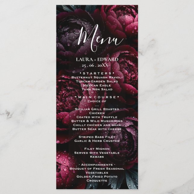 Menu conception de mariage floral bordeaux mettant en v (Devant)