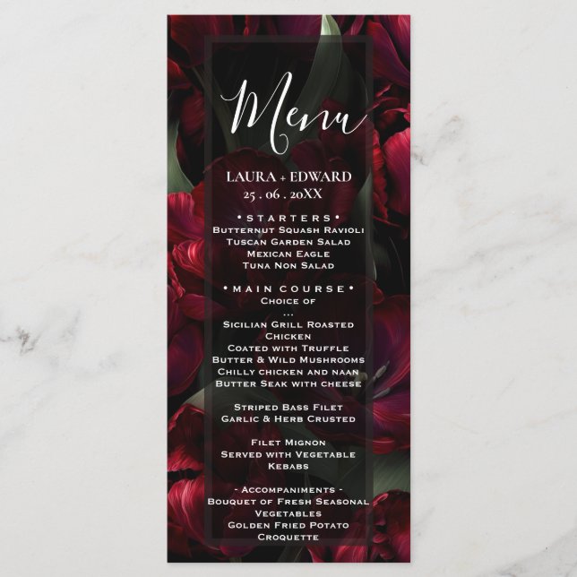 Menu conception de mariage floral bordeaux mettant en v (Devant)
