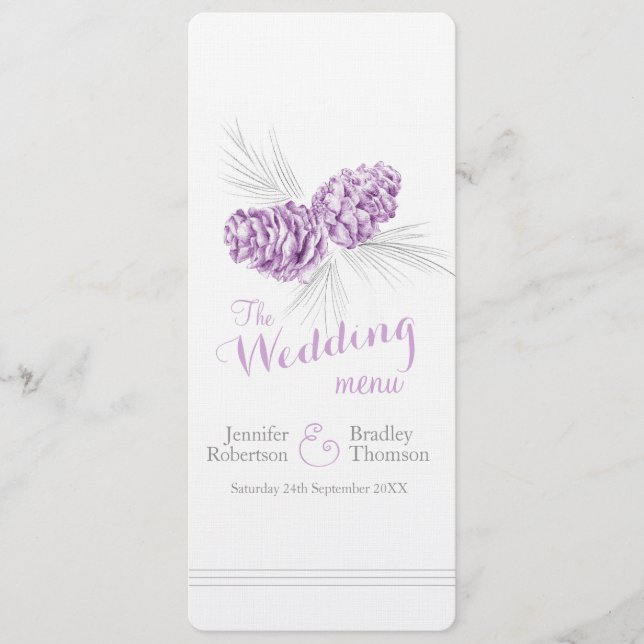 Menu Cones violet gris hiver mariage d'hiver (Devant)