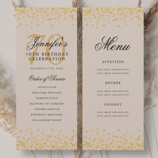 Menu Confetti Champagne Doré pour Programme de 70e (70th Birthday Program Gold Champagne Confetti Menu)