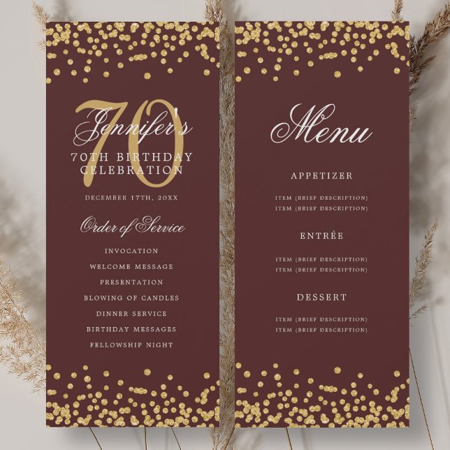 Menu Confettis Bordeaux Or Programme 70e Anniversa (70th Birthday Program Gold Burgundy Confetti Menu)