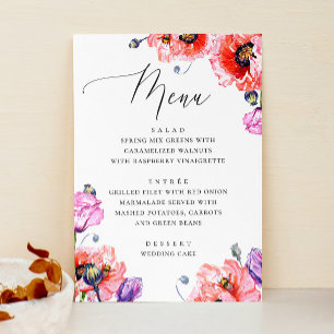 Menu Coquelicots. Mariage floral script rouge aquarelle