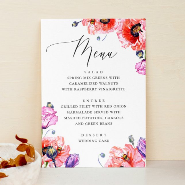 Menu Coquelicots. Mariage floral script rouge aquarelle (Créateur téléchargé)
