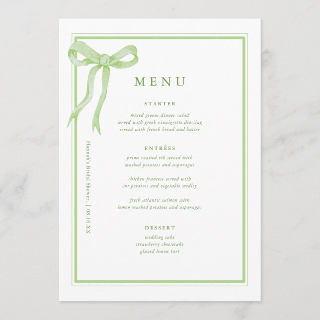 Menu Coquette Toile Green Bow Fête des mariées (Devant)