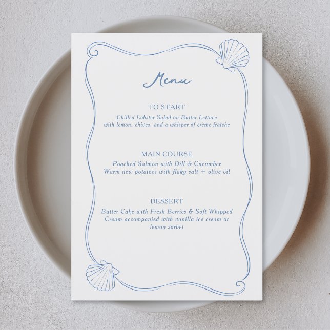 Menu Coquillages Dessinés à la Main Bleu et Blanc Côtie (Créateur téléchargé)
