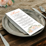 Menu Coral Peach Aquarelle Florale Mariage élégant<br><div class="desc">Ce beau menu mariage présente un design boho chic rustique avec un titre de calligraphie script et un ensemble de roses aquarelles peints à la main, des fleurs et de la verdure dans les tons de pêche corallienne et d'orange pâle. Le texte est entièrement personnalisable avec de l'espace pour le...</div>