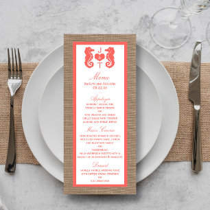 Menu Coral Seahorse Burlap Beach Wedding Collection