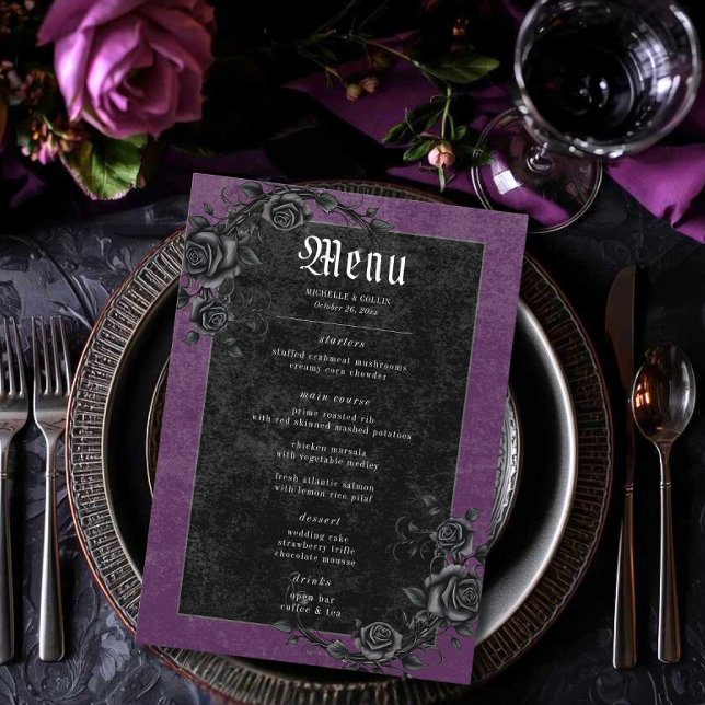 Menu Corbeau noir gothique et Rose Mariage violet (Créateur téléchargé)